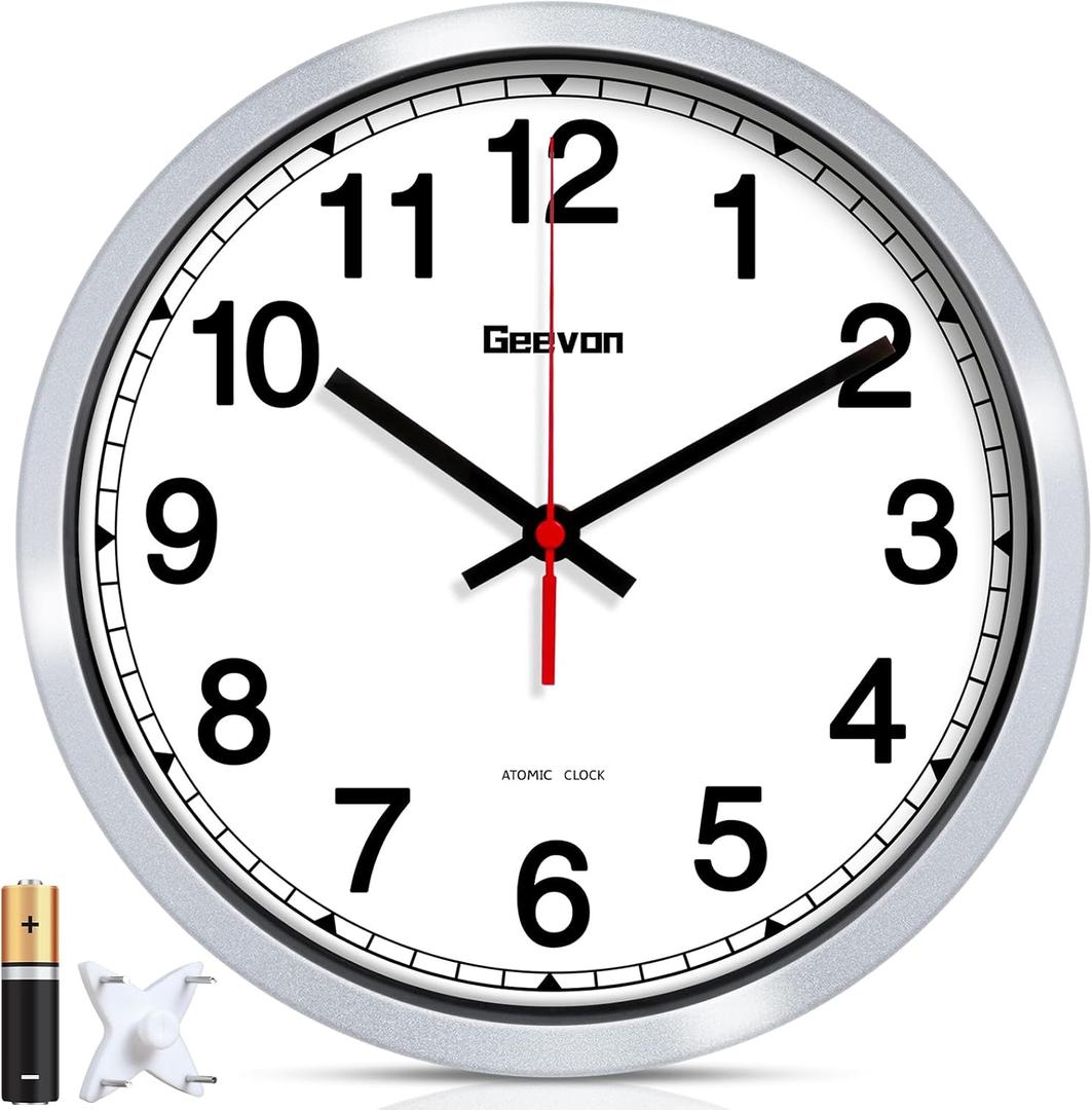 Geevon 10 Inch Atomic Wall Clock - Self-Setting Analog Clock with Automatic Time Sync - Battery Operated for Home Office School - Silver Frame