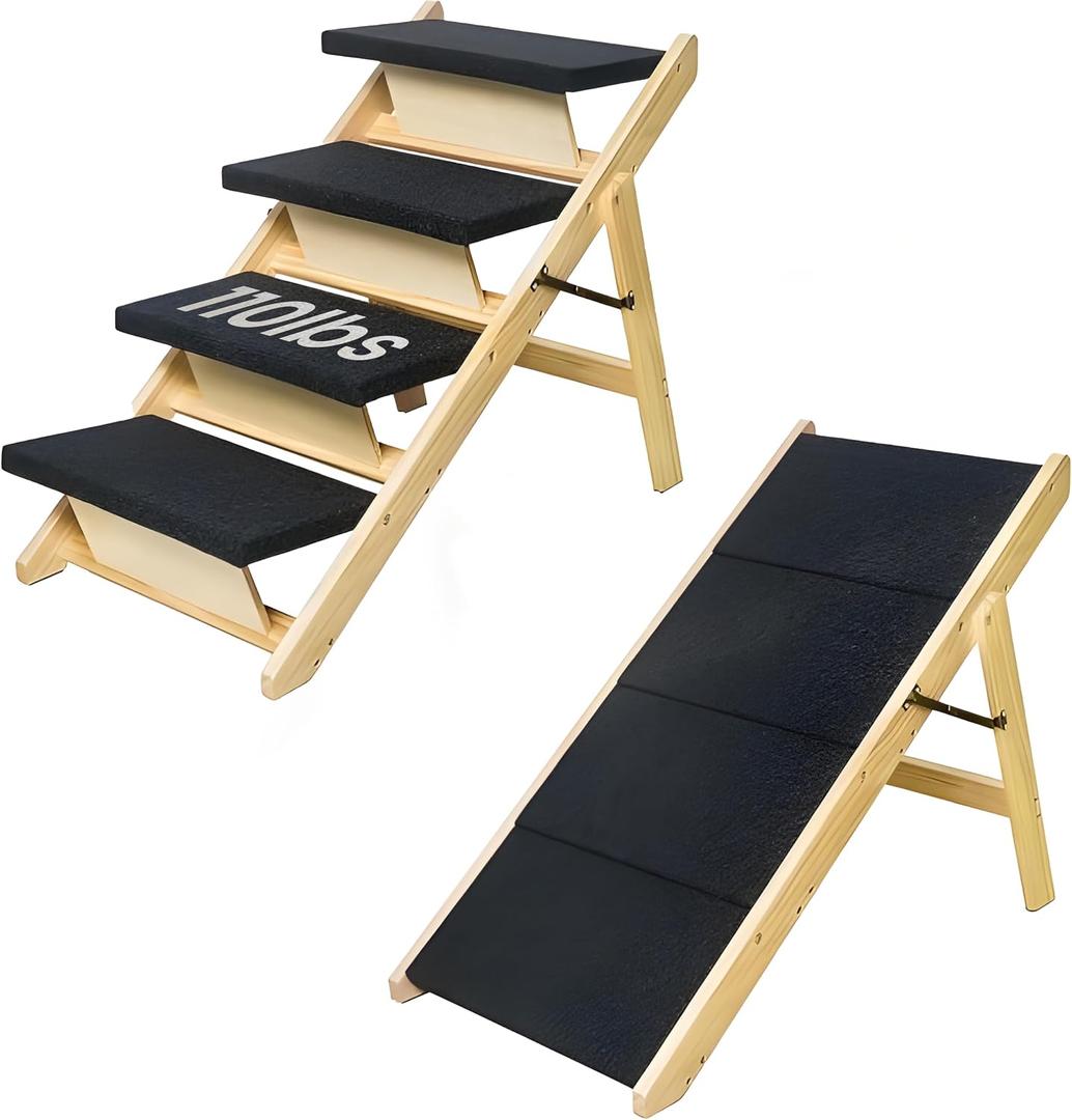 Wood Pet Stairs/Pet Steps, 2-in-1 Foldable Wooden Dog Stair for Beds, Couches, Sofa and Cars, Dog Stairs & Non-Slip Adjustable Ramp with 4 Steps for Small Medium Large Pet