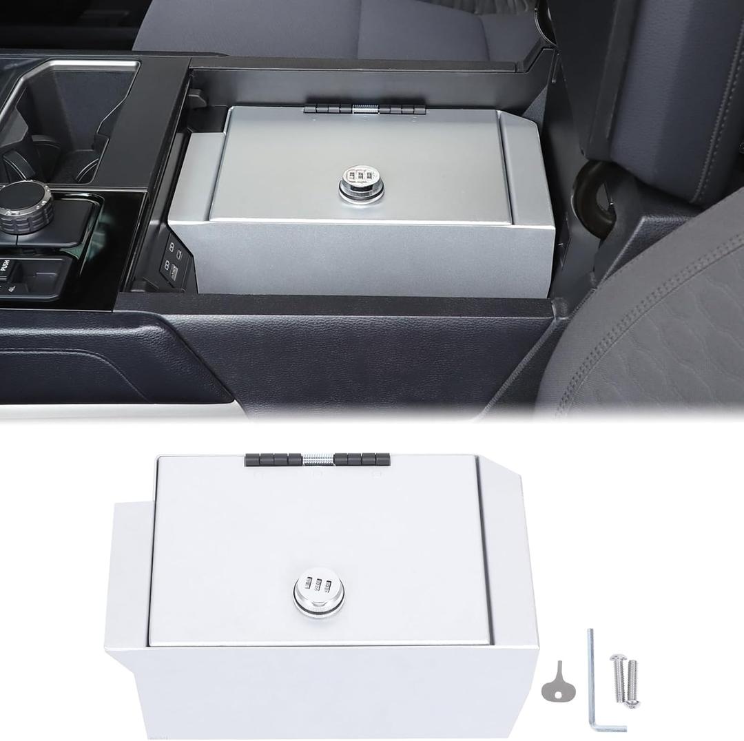 Car Center Console Lock Safe Box Armrest Storage Compatible with Toyota Tundra 2022-2026, Center Console Lock Box Armrest Security Organizer Tray Vault with 3 Digit Combo Password Insert Accessories (Silver)