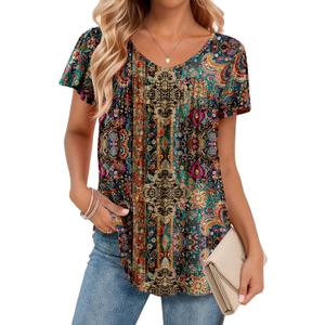 Zeagoo Women Tops Summer Ruffle Short Sleeve Shirts V Neck T Shirts Pleated Tunic Tops Work Blouses Business Outfits (XXL)