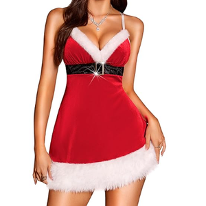 Sexy Santa Dress Set Christmas Costume for Women Babydoll Chemise Velvet Dress with Hat Briefs and Waist Belt