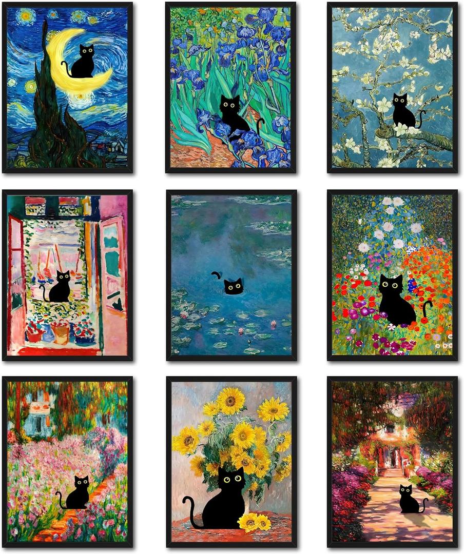 2 x Funny Black Cat Wall Art Set of 9, Cute Cat Animal Posters Prints Pictures, Vintage Monet Floral Famous Aesthetic Wall Decor Paintings for Living Room Bathroom Home Decor 12x16 Inch Unframed