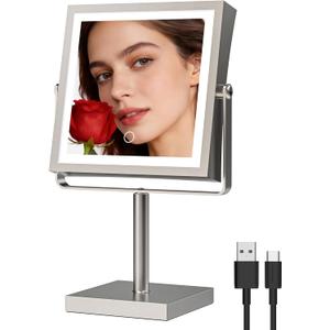 Ruacq Rechargeable Makeup Mirror, 4000mAh Lighted Makeup Mirror with Magnification1X/10X, Height Adjustable Vanity Mirror with Lights, 3 Color Lights, Adjust Brightness, 360Rotation(Brushed Nickel)