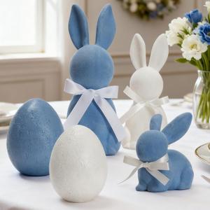 WDS WONDROUS Easter Decorations Set of 5, 3 Flocked Bunny Figurines & 2 Egg Statues, Resin Sculptures Tabletop Decor for Spring Farmhouse Mantel, Blue & White Easter Bunny Gifts, Cute Home Decor