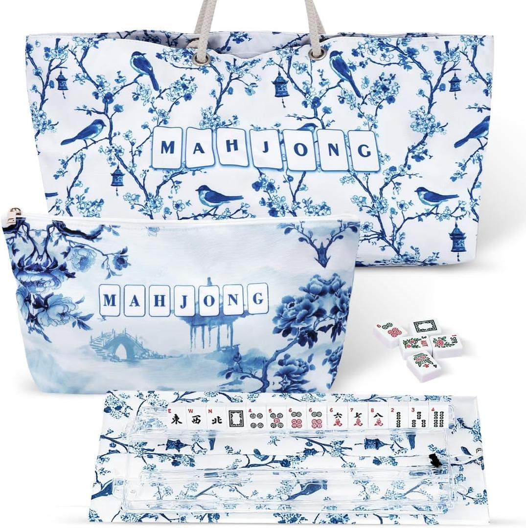 FUYIHGL 3PCS Mahjong Bag Set: Chinoiserie American Mah Jong Carrying Bag for Tile and Rack - Tote Bag, Zippered Carrying Case, Rack and Pushers Pocket - Game Night Mah-jongg Accessories and Gifts