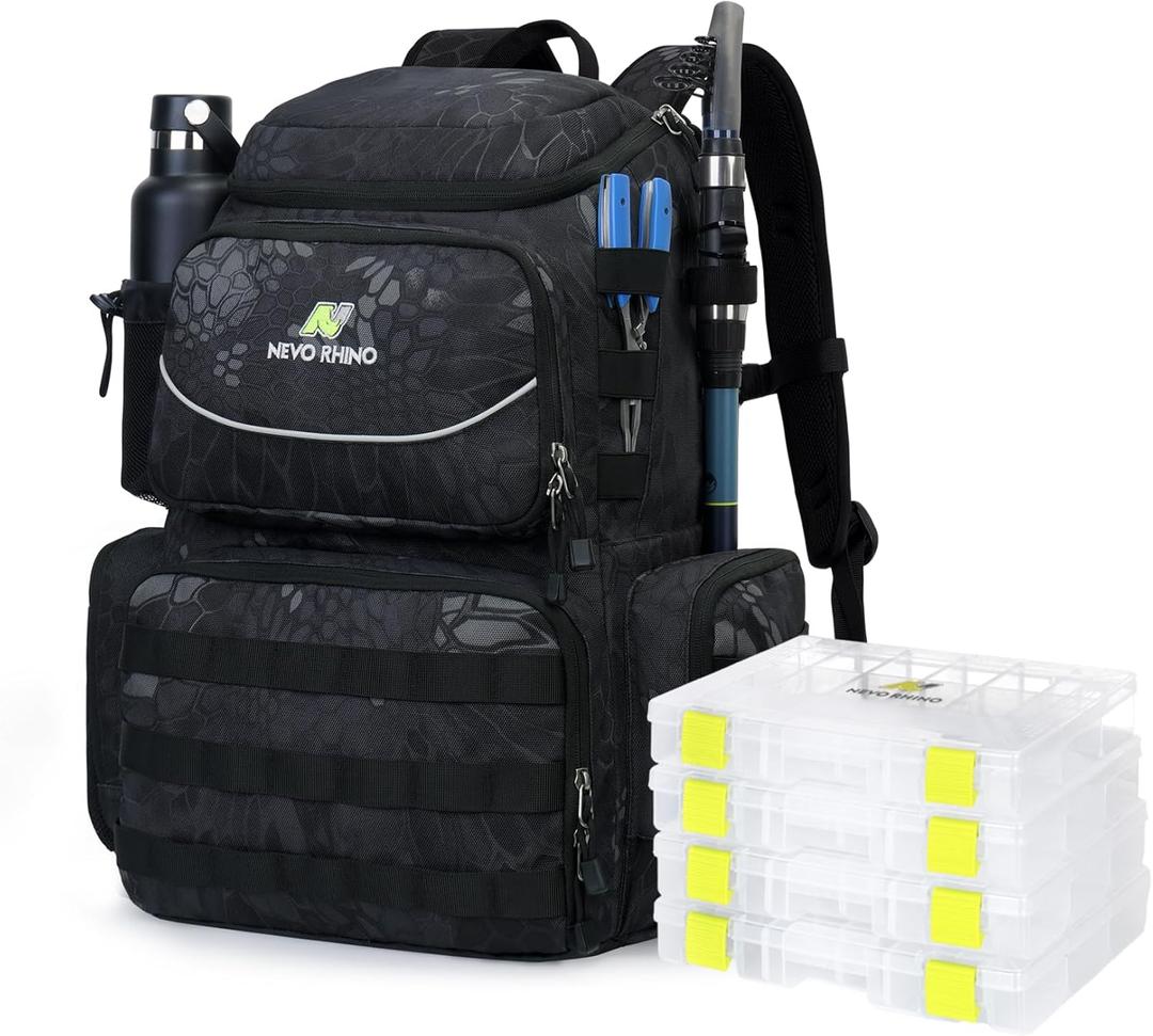 N NEVO RHINO Fishing Tackle Backpack with Rod Holders, 40L Large Fishing Bag with Waterproof Rain Cover,Outdoor Tackle Bag, Size: Pack with 4 Trays