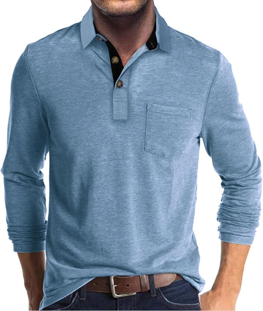 Men's Casual Polo Shirts Classic Button Basic Long Sleeve Shirt Solid Color Cotton Tees Stylish Tops (Large, Blue)