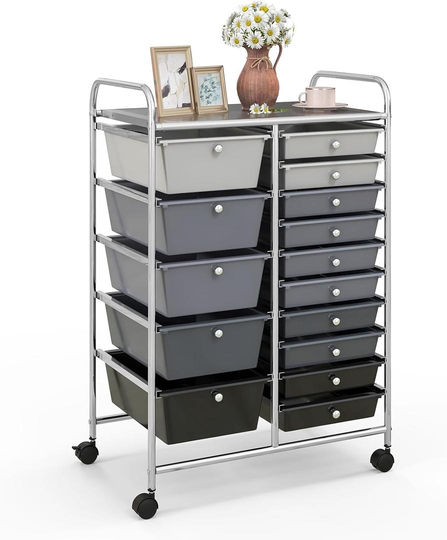 15 Drawer Rolling Storage Cart, Mobile Utility Cart with Lockable Wheels, Drawers, Multipurpose Organizer Cart for Home, Office, School, Gradient Black