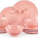LOVECASA Pink Dinnerware Sets for 4, 12 Piece Porcelain Plates and Bowls Sets, Gold Splash Dish Set, Modern Ceramic Dinner Set, Dishwasher Microwave Safe