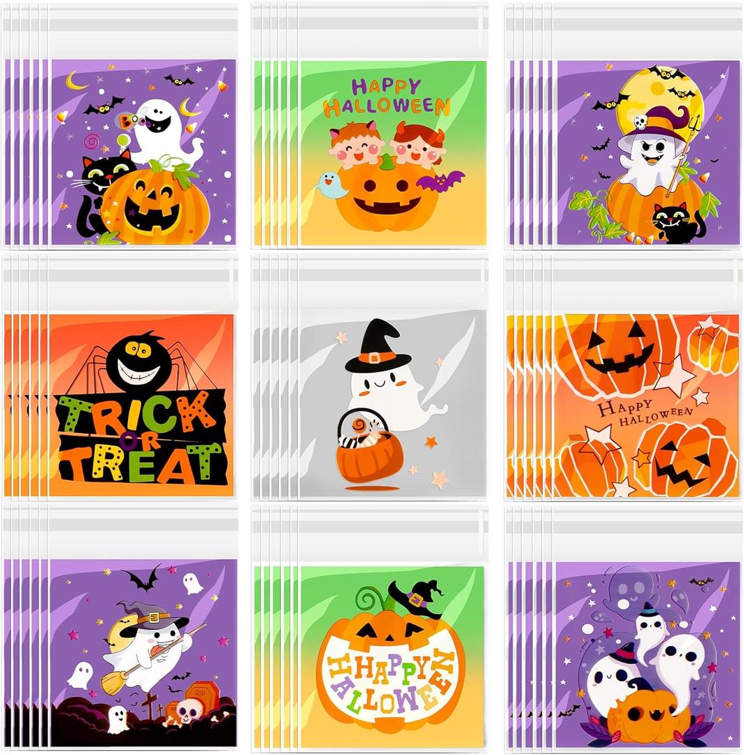 FEBSNOW 450pcs Halloween Candy Bags, 9 Styles Self Adhesive Trick Candy Bag Cellophane Cookie Bags for Halloween Trick or Treat Goodie Ziplock Bags Party Favor (Color Set 8)