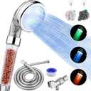LED Shower Head with Handheld, High Pressure Shower Head with Hose, Holder & PTFE Tape etc, 3 Water Temperature-Controlled Water Saving Filtered Shower Head for Dry Hair& Skin