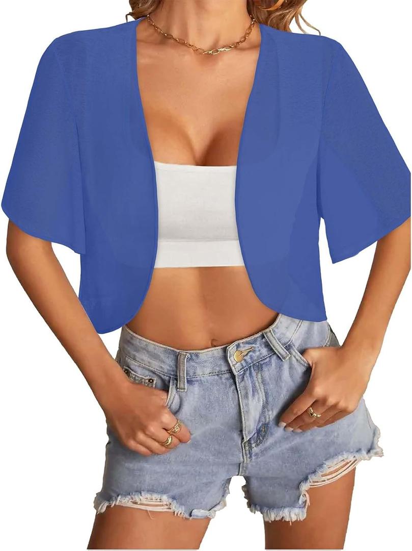 Women Bolero Shrug Cardigan Open Front Cover Up Sheer Short Sleeve Kimonos for Evening Dress (Large, Royal Blue)