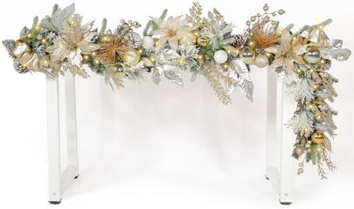 WBHome Pre-lit 6 Feet/72 Inch Christmas Garland, Champagne and Crystal Foliage Garland with 50 LED Lights for Indoor Outdoor Xmas Decor Holiday Decorations, Battery Operated (Batteries NOT Included)