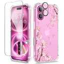GVIEWIN for iPhone 16 Case Floral, with Screen Protector&Camera Lens Protector, [Non Yellowing] Soft Shockproof Clear Phone Protective Cover for Women, Flower Pattern Design 6.1"(Sakura/Pink)
