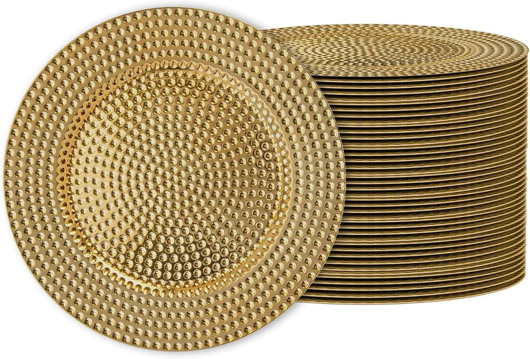 JEVERGN 40 Pack Gold Charger Plates Bulk, 13" Hammered Chargers for Dinner Plates, Gold Plate Chargers Set of 40, Round Plastic Charger for Wedding, Party Event, Dinner, Table Setting
