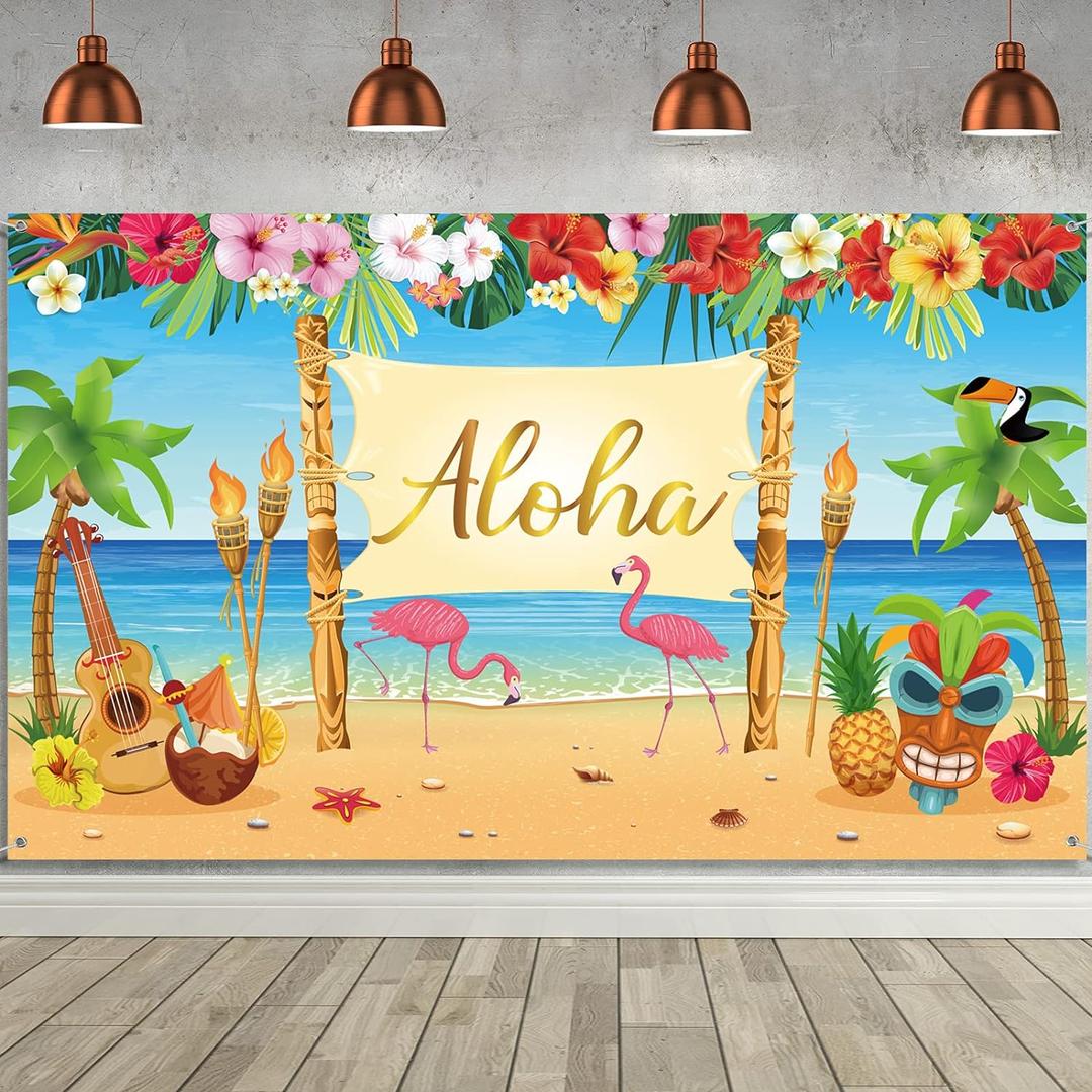Hawaiian Aloha Party Decoration, Extra Large Summer Luau Beach Banner Backdrop Background Photography for Birthday Musical Party Tropical Tiki Themed Decoration, 72.8 x 43.3 Inch