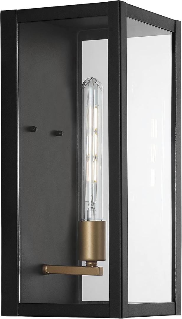JONATHAN Y 7" Black/Gold Modern Industrial Outdoor Wall Lantern Sconce, Waterproof LED Exterior Light for Porch Entryway, with Clear Glass Shade and Edison Bulb JYL7602A