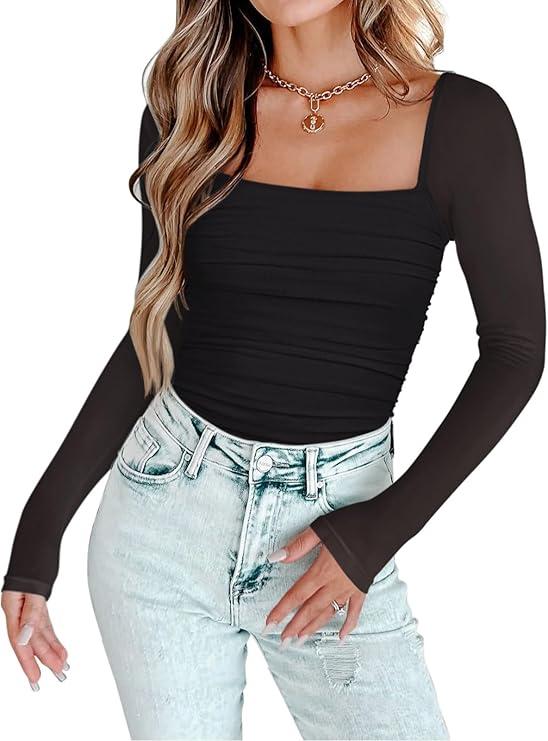 PINKMSTYLE Womens Square Neck Mesh Long Sleeve Bodysuit Shapewear Corset Tops Sexy Concert Outfits Party Shirts