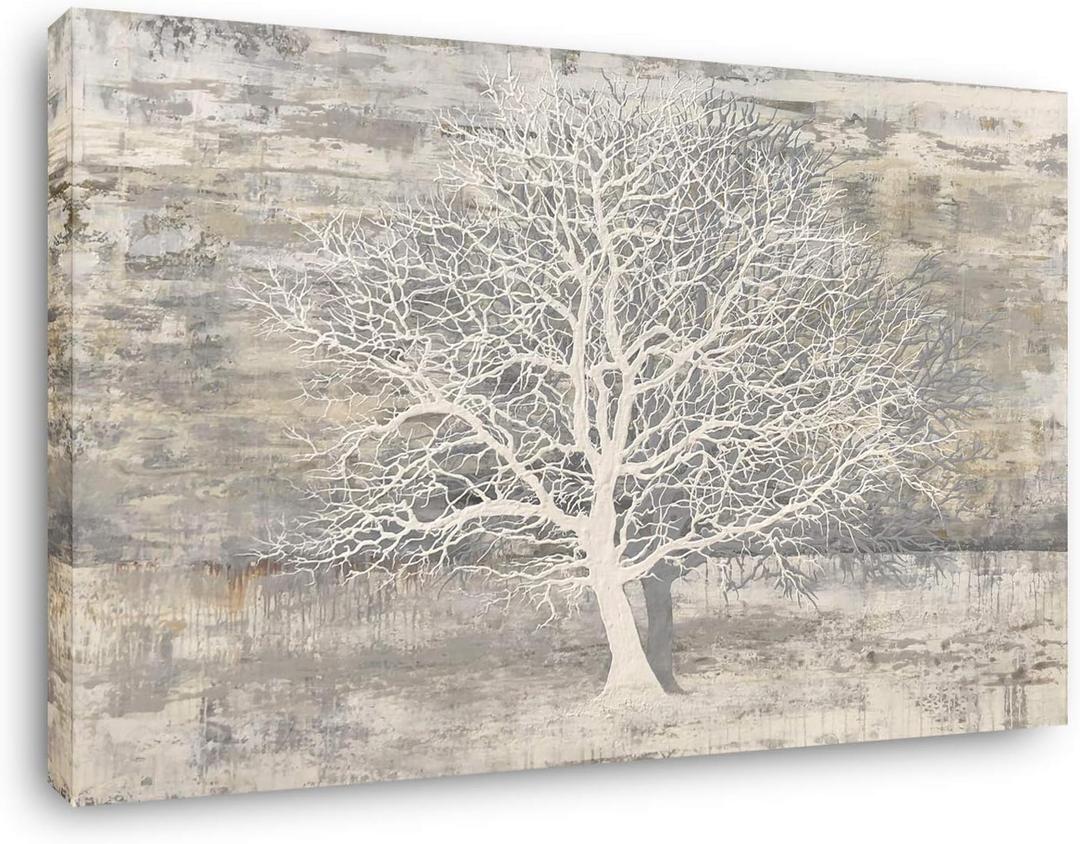 Yihui Arts Tree Of Life Canvas Wall Art Hand Painted Grey White Beige Paintings Modern Abstract Forest Pictures Artwork for Living Room Bedroom Office Decoration (20x28IN)