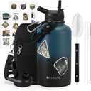 64 oz Insulated Water Bottle with Straw (Cold for 48 Hrs), Half Gallon Stainless Steel Triple Wall Vacuum Sports Water Jug, Leakproof Hydro Cup Flask with Straw Spout Lids & DIY Stickers (Blue/Black Gradient)