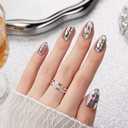 VSALON Press on Nails Short Almond - Chrome Silver Cat Eye 3D Swirl Design Fake Nails Kit for Women, Reusable Salon Quality Spring Summer Glue on Nails - 32 PCS Stick on Nails in 16 Sizes with Glue