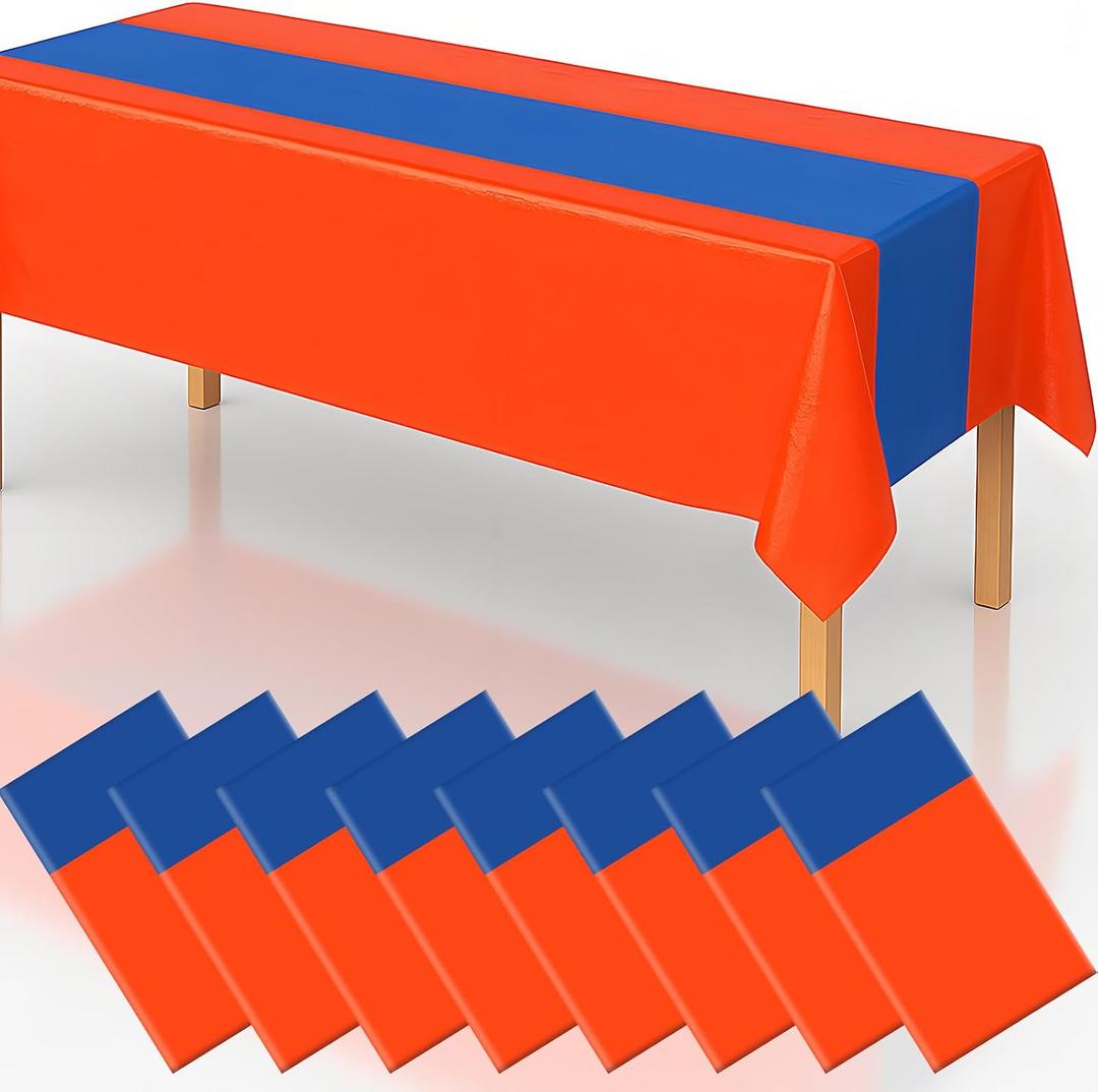 8 Pack 2in1 Orange and Blue Party Tablecloth 54" x 108" Disposable Plastic Table Cloth Rectangle Table Cover for Birthday Themed Party Decoration Supplies