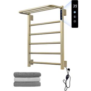 Modern Electric Towel Warmer, Wall Mounted Heated Towel Rack in Brushed Gold, Smart Temperature Control with LED Display