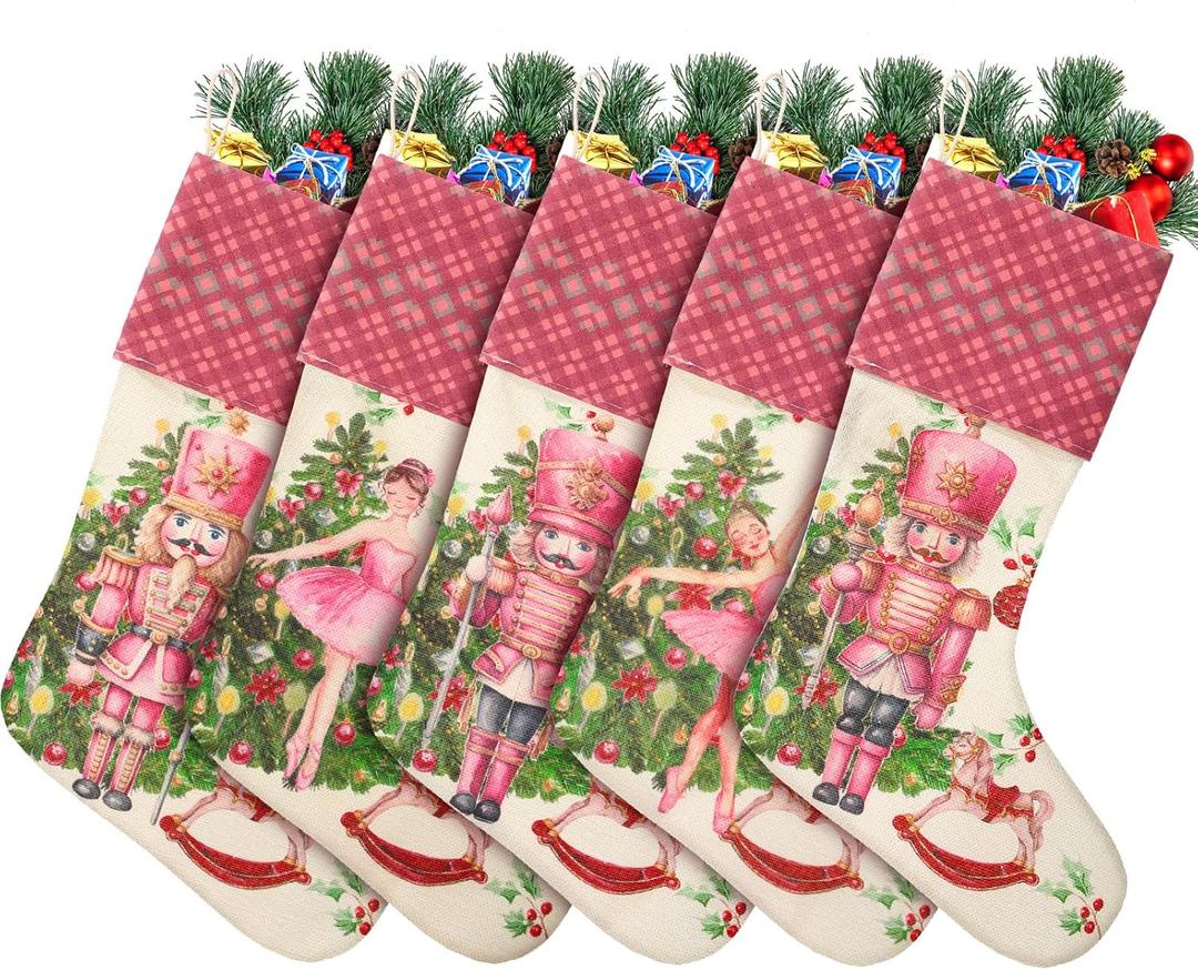 5 Pcs Nutcracker Christmas Stocking 18 Inch Pink Christmas Stocking Large Vintage Linen Plaid Xmas Stocking Nutcracker Hanging Stocking for Holiday Fireplace Tree Party Gift Decoration