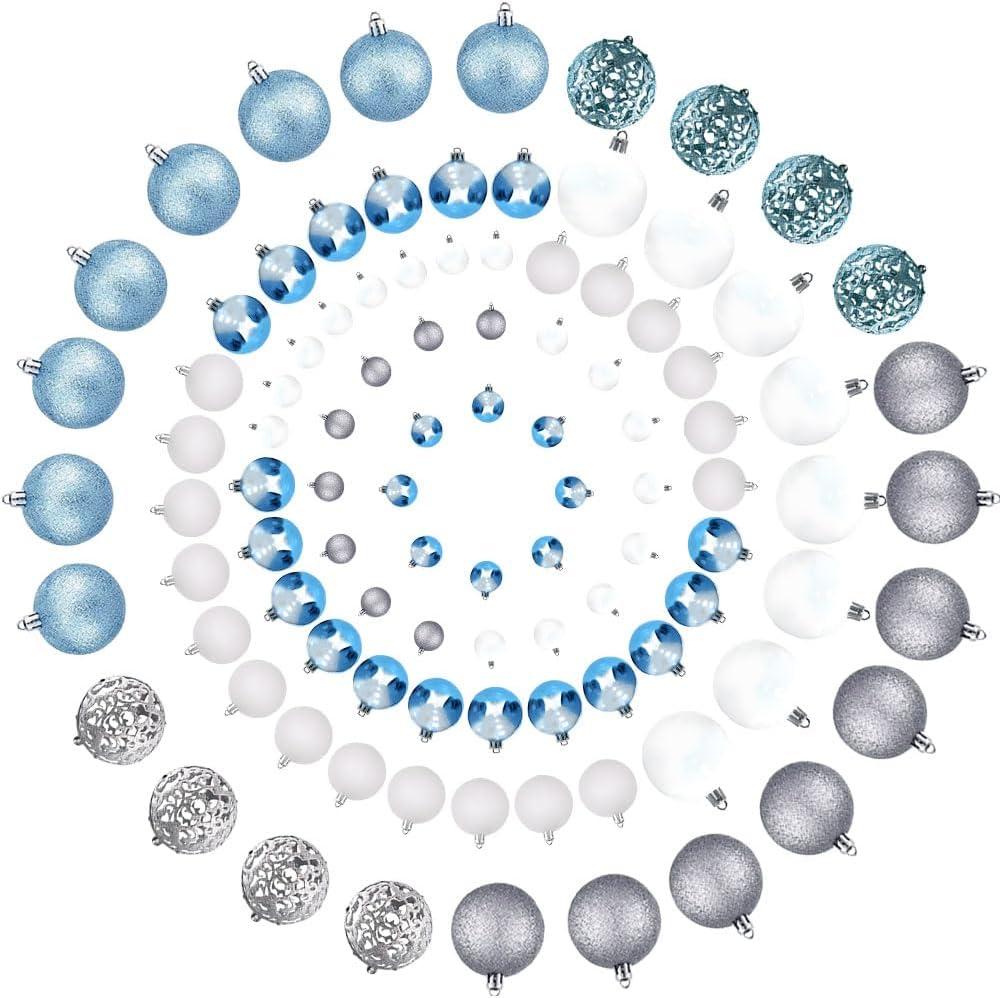 AORTD 100-Pack Christmas Ball Ornaments for Tree, Shatterproof Plastic Holiday Baubles Set in Assorted Sizes and Finishes, Christmas Tree Decorations for Home, Office, Party, Indoor Outdoor Use (Blue-White-Silver)