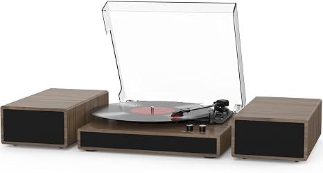 Vinyl Record Player with Dual Stereo Bookshelf Speakers Vintage Turntable with Bluetooth Wireless Playback Belt Drive 3-Speed Playback Record Player Support RCA Out Auto Stop