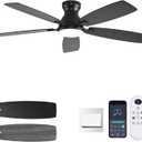 52inch Flush Mount Ceiling Fans with Lights and Remote Control/APP Control, DC Reversible Motor, Noiseless, Dimmable, Low Profile Black Ceiling Fan for Bedroom Indoor/Outdoor Use