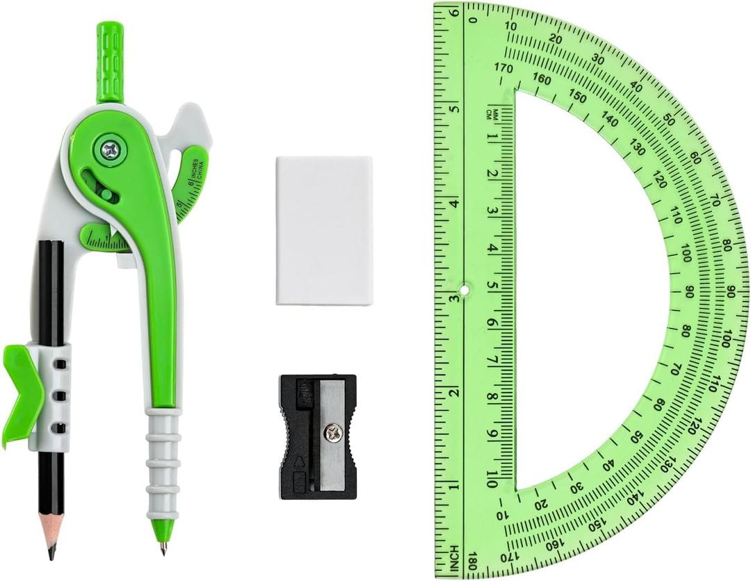 4 x Unjoo Compass for Geometry Set, 6 Inch Protractor, Clear Plastic (Green)