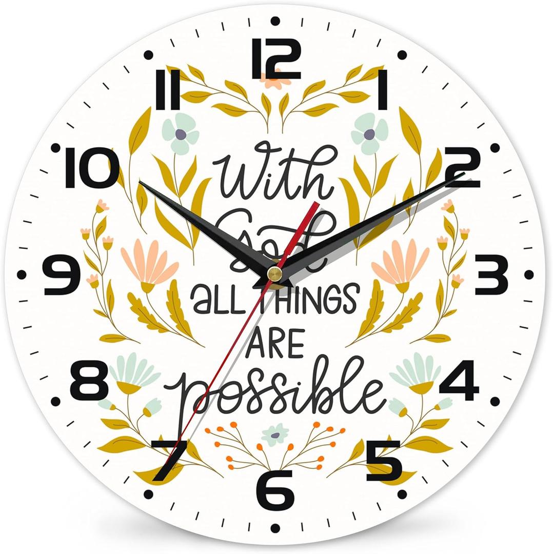 with God All Things are Possible Wall Clock, Vintage Wooden Battery Operated Non-Ticking 10 Inch Silent Art Decor for Girls and Kids