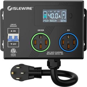 Smart NEMA Socket Splitter 240V for EVs, Auto Power Switch for Level 2 Dual Electric Vehicle (EV) Charging, 3-Color LED Ring, 3.4" LCD Display, No Rewiring Needed, ETL Certified (40 Amp, NEMA 14-50)