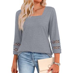 Women's 3/4 Sleeve Tops Square Neck Dressy Casual T-Shirt 2025 Trendy Fashion Business Shirt Fall Basic Tee Blouse Grey L (L)