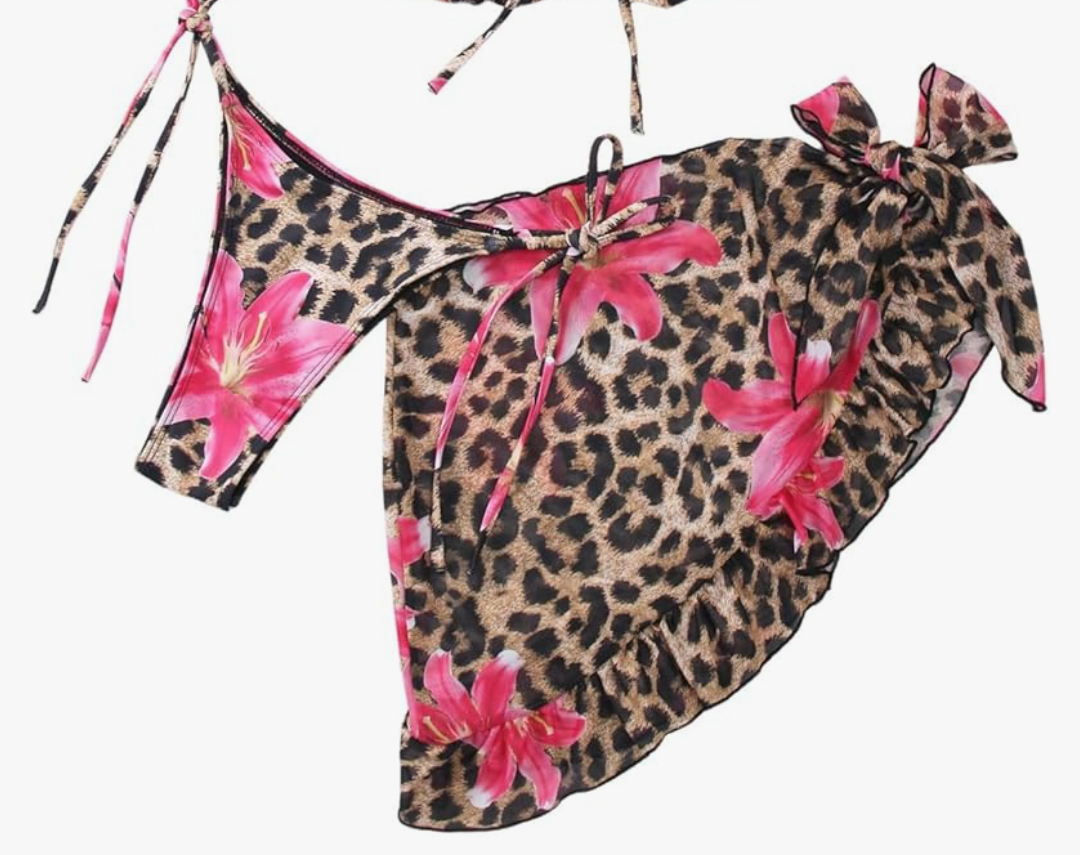 MakeMeChic Women's 3 Piece Leopard Print Floral Halter Triangle Tie Back Ruffle Bikini Set with Cover Up Skirt, Medium