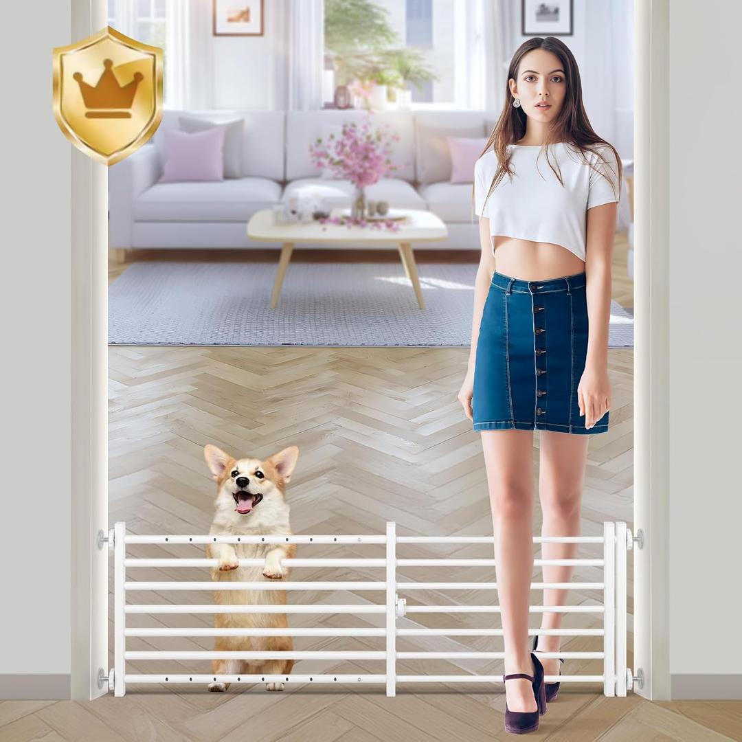 Malier Metal Dog Gate with Door, 34"-55" Width Expandable Dog Gate Short Pet Gate for Stairs and Doorways, Pressure Mount Step Over Indoor Dog Gates for Small Dogs Puppy (White, 13.8''H × 34''- 55''W)