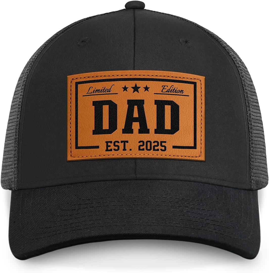 Dad Hat Est 2025 for New Dad from Mom Wife - First for New Dads Men Him Husband - Unique Gift for Birthday Christmas - Leather Patch Adjustable Snapback Cotton Trucker Cap
