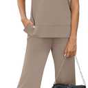 XIEERDUO 2 Piece Lounge Set for Women Summer Outfits Spring Short Sleeve Tracksuit Wide Leg Pants Matching Loungewear Sets Women's Track Suit Loose Fit Vacation Clothes Khaki XL