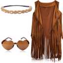 KINBOM 60s 70s Hippie Costume Set for Women, Bohemian Costume Accessories Set Fringe Vest Leopard Print Earrings Headband Heart Sunglasses (XXL) (L)