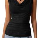 MakeMeChic Women's Y2k Cowl Neck Tank Top Sleeveless Draped Slim Fit Mesh Sheer Crop Tops Party Top (M)
