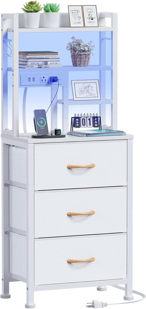 Furnulem Tall Nightstand with LED Lights and 3 Tier Shelves, Night Stand with 3 Fabric Drawers, 45.3inch Tall Bedside Tables with USB Ports and Outlets in Bedroom, Dorm, Office (White)