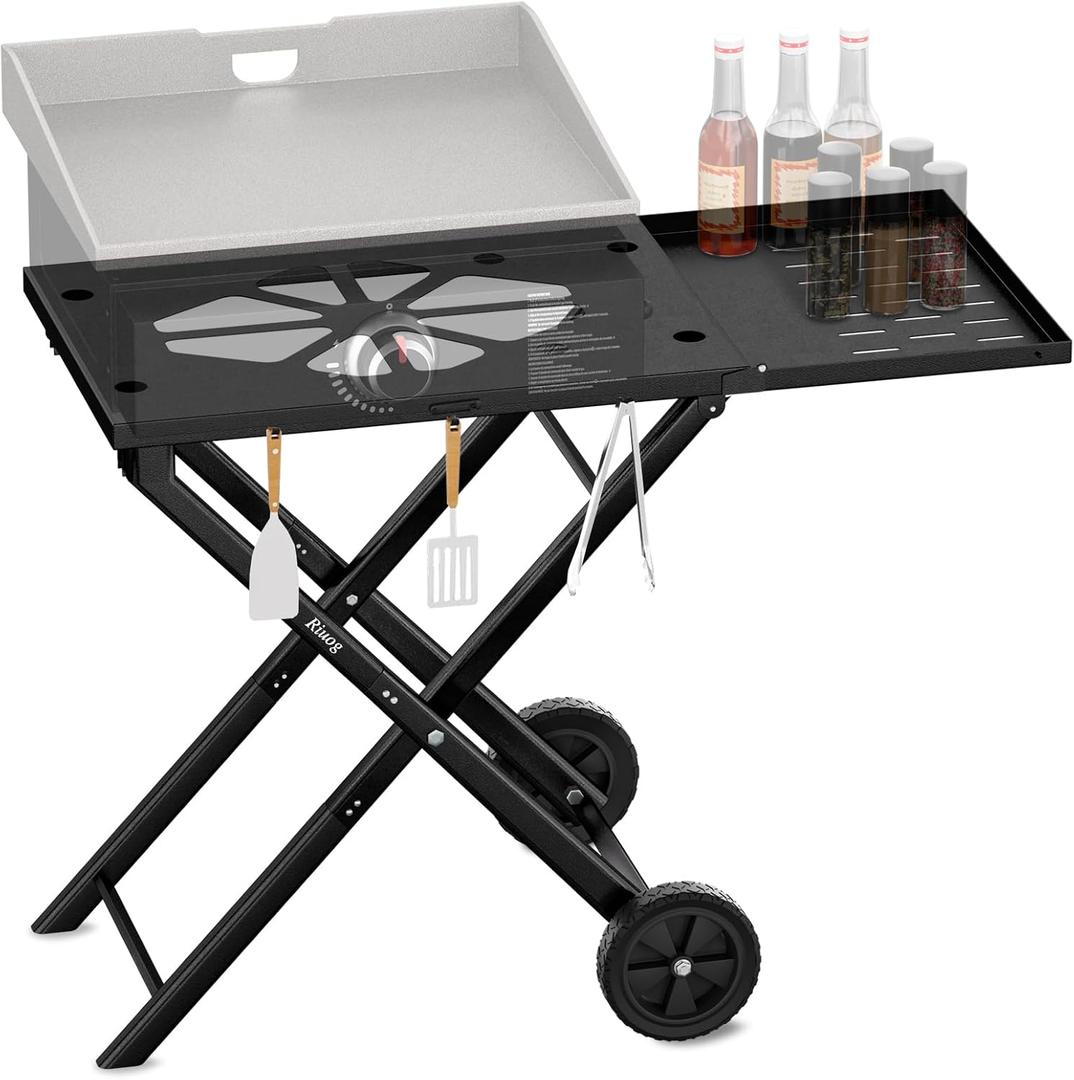 Riuog Portable Griddle Stand Compatible for Blackstone 17” 22" Propane Table Top Grill Stand,Universal Outdoor Camping Cooking Station with Side Shelf, Perfect Take Along for Outdoor Cooking and Camping