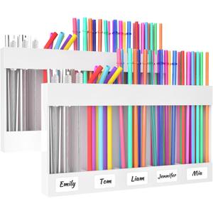 2 Pack 9.5 Large Acrylic Straw Holder for Cabinet Door with Detachable Ultra Sticky Adhesive Squares and Stickers, 2026 Reusable Straws Organizer Storage Dispenser for Kitchen Counter Cupboard