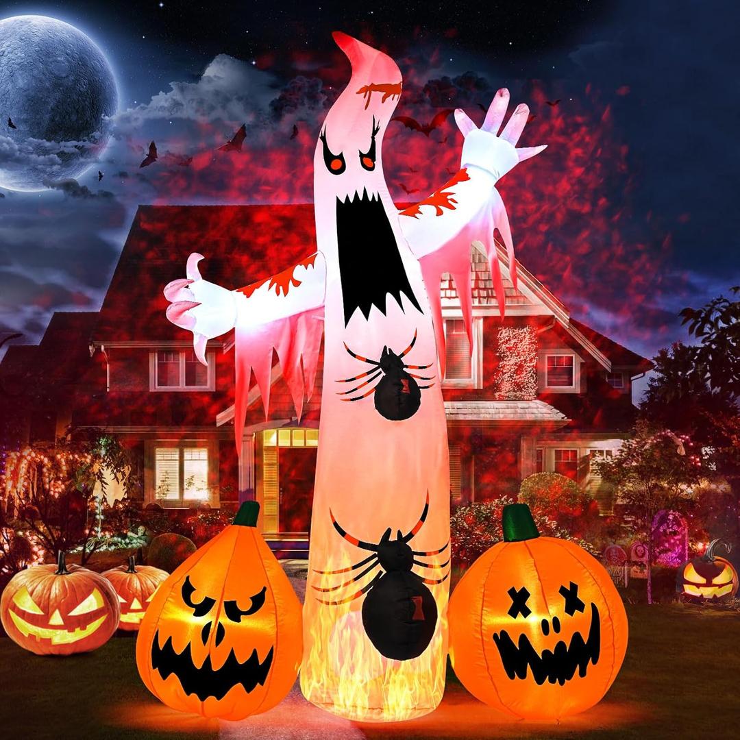 Kesfitt 8FT Halloween Inflatables Decorations Outdoor Ghost Built-in 2 Flame Flashing Projection Light,Blow Up Yard Inflatables with Pumpkin Spider for Outside Halloween Patio Party Garden Decorations