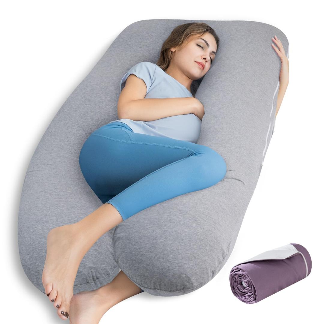 QUEEN ROSE Pregnancy Pillows, Cooling U Shaped Body Pillow for Sleeping, Maternity Pillow for Pregnant Women, with an Extra Cotton Pillowcase (55in, Cozy Grey + Extra Cotton Cover)