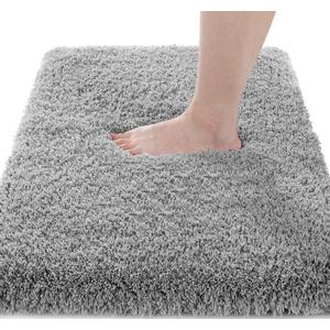 Yimobra Fluffy Plush Bath Rug, Super Shaggy Soft Comfortable Non Slip, Water Absorbent Microfiber Bath Mat, Dries Quickly, Machine Washable Thick Bathroom Rugs for Shower, 44"x 24", Pure Gray