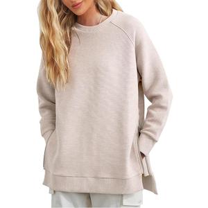Fazortev Women's Oversized Sweatshirts Long Sleeve Crew Neck Ribbed Pullover Loose Side Zipper Tunic Tops, M