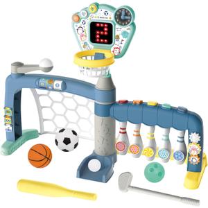 5-in-1 Toddler Sports Toys Activity Center: Includes Basketball Soccer Bowling Baseball Golf, Toddler Basketball Hoop Indoor with Adjustable Height 1-3 Year Old Boys Girls Toys, Toddlers & Baby Gift