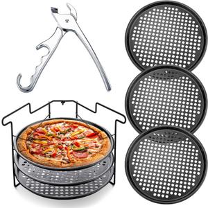 Maxdot 5 Pcs Pizza Baking Tray Set 3 Pcs 12.6" Perforated Pizza Pans with Holes 1 Folding Pizza Rack Non Stick Pizza Stand 1 Pizza Pan Gripper for Oven Grill Baking Accessories Home Restaurant Party